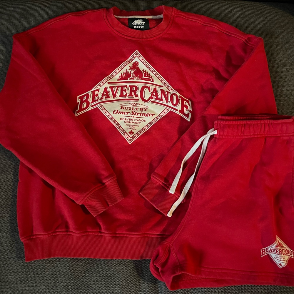Roots Red Beaver Canoe Sweatshirt and matching shorts.